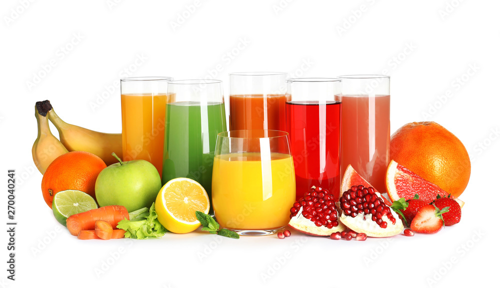 Glasses with different juices and fresh fruits on white background Glasses with different juices and fresh fruits on white background