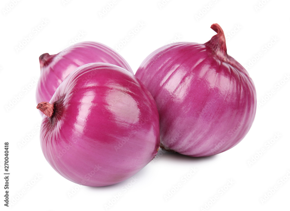 Fresh whole red onions on white background