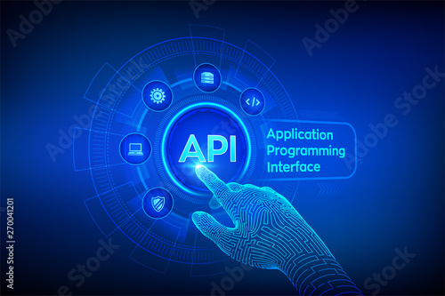 API. Application Programming Interface, software development tool, information technology and business concept on virtual screen. Robotic hand touching digital interface. AI. Vector illustration.