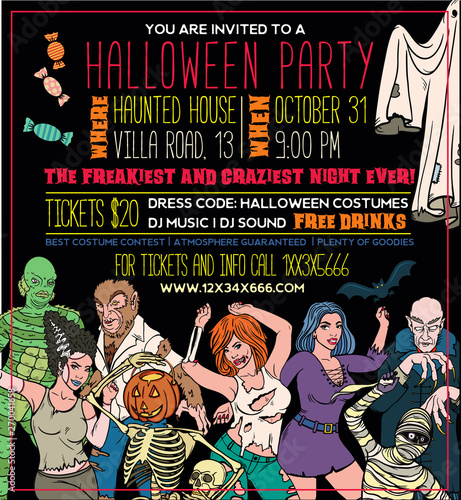 Halloween Costume Party Invitation Flyers. Vector Illustration.