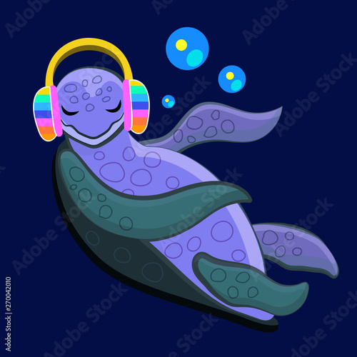 Vector isolated illustration with turtle listening the music deep in the ocean. Rainbow colors earphones, blue bubbles. 
