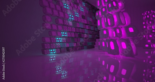 Abstract  white Drawing Futuristic Sci-Fi interior With Pink And Blue Glowing Neon Tubes . 3D illustration and rendering. © SERGEYMANSUROV