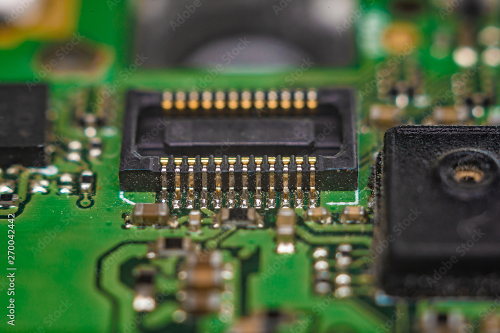 Board with chips disassembled close-up, nano technology.