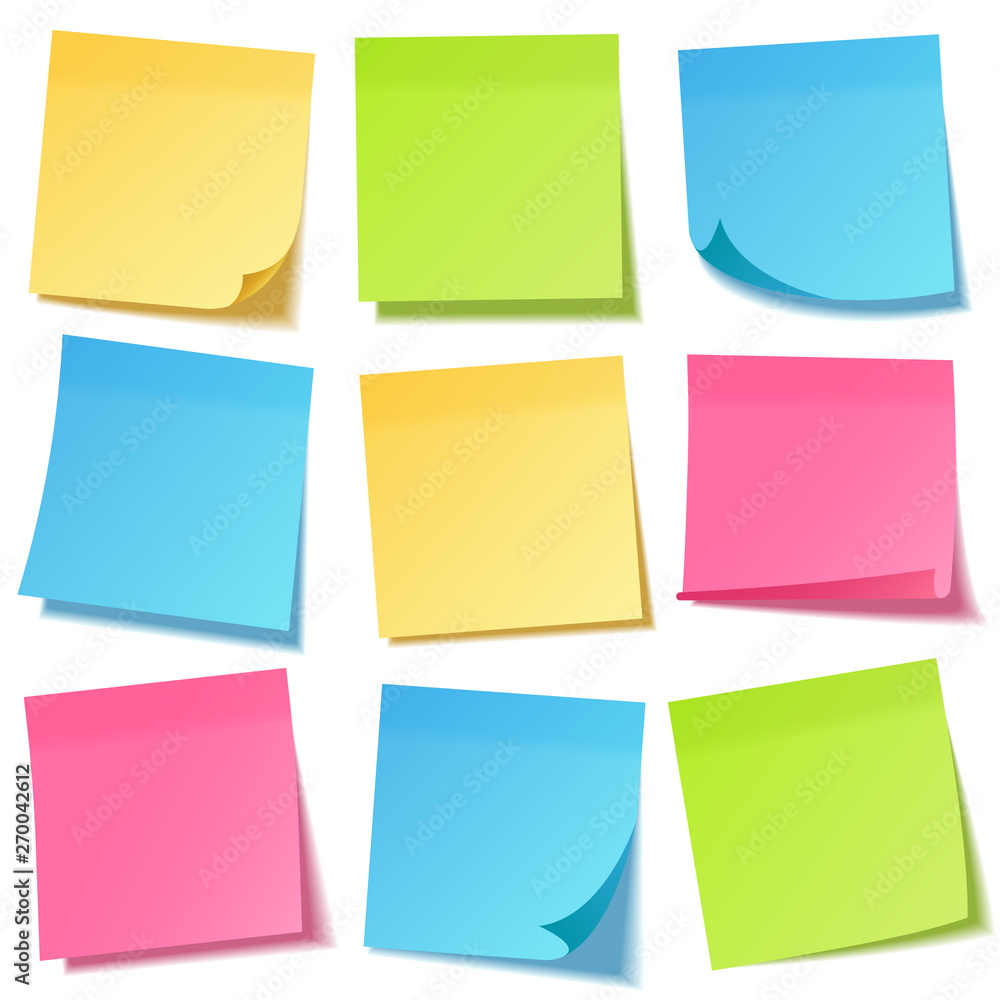 Realistic sticky note with shadow. Yellow paper set. Message on notepaper. Reminder. Vector illustration.