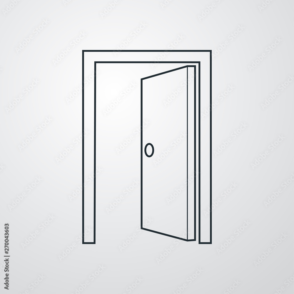 Icono plano lineal puerta abierta en fondo gris