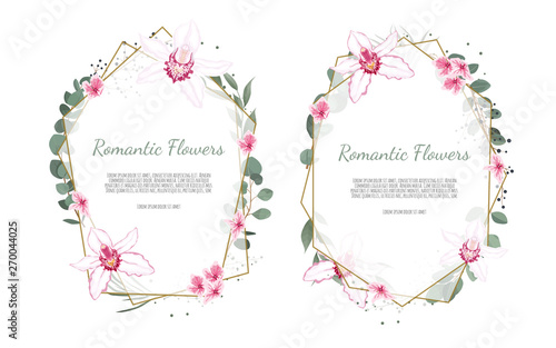 Floral vector frame with orchid and garden flowers