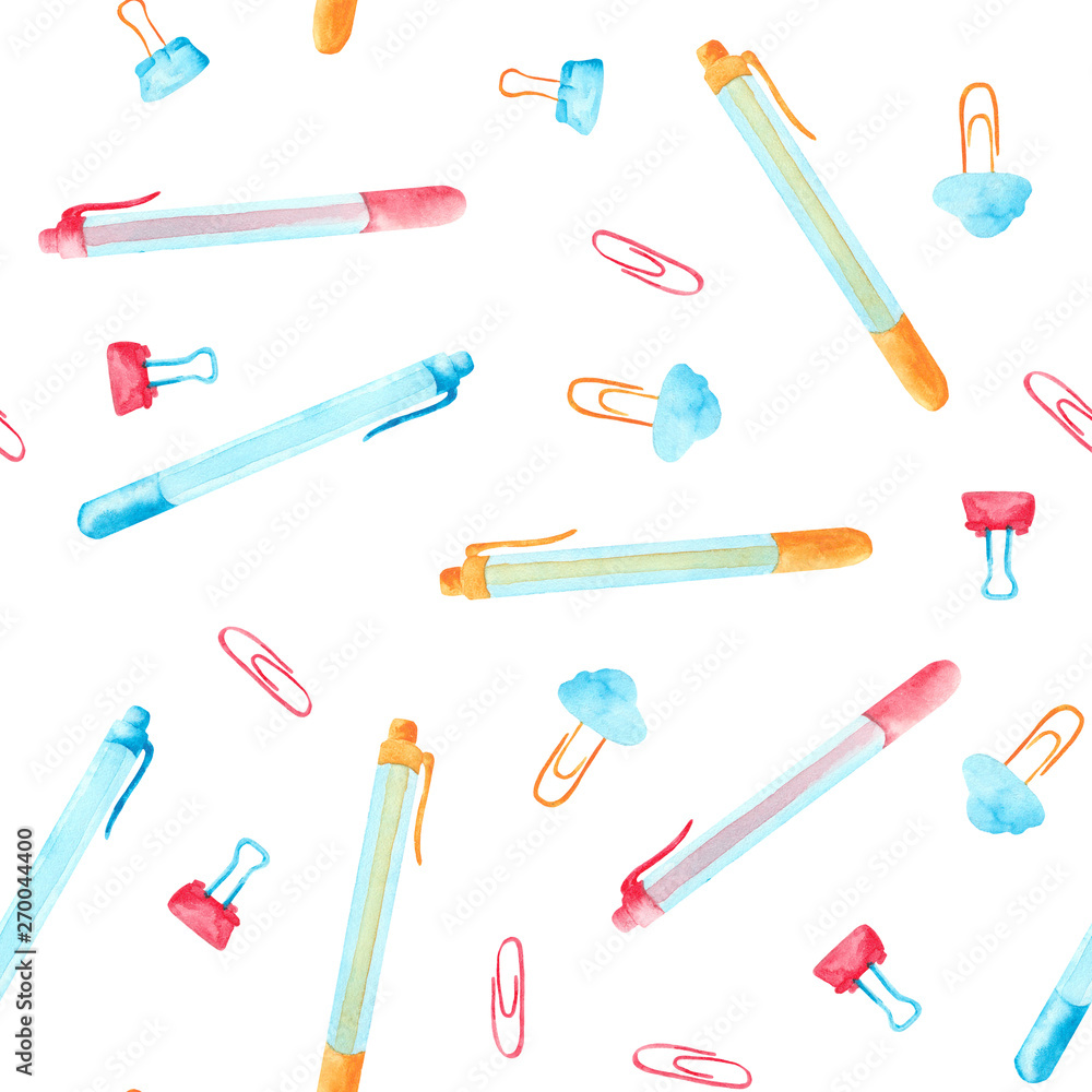Watercolor pattern with pink and blue school supplies. Backpack, ruler, pens, markers, pencils, paper clips and bells. Watercolor pattern with pink and blue school supplies. Backpack, ruler, pens, markers, pencils, paper clips and bells.