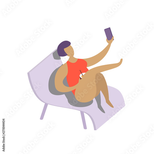 Summer vacation. Leisure on tropical sunny seaside. Woman with bob haircut making selfie on chaise-longue at beach in tropical country.