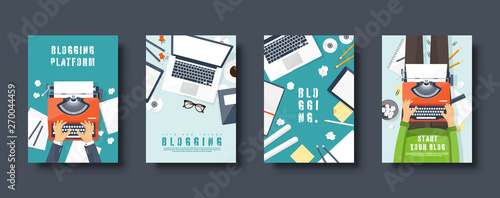 Blogging flat style covers set. Create your blog, vlog. Typewriter with hands. Vector illustration.