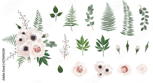Set of floral branch. Anemones, pink rose, green leaves. Floral poster, invite. Set leaves, flowers,branches, herbs and other natural elements.