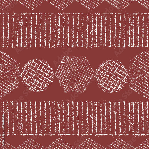 Vibrant chalk tribal geometric design with hexagons, circles, diamonds. Seamless vector pattern on burnt earth background. Perfect for organic, eco, wellness, cosmetic products, fabric, stationery