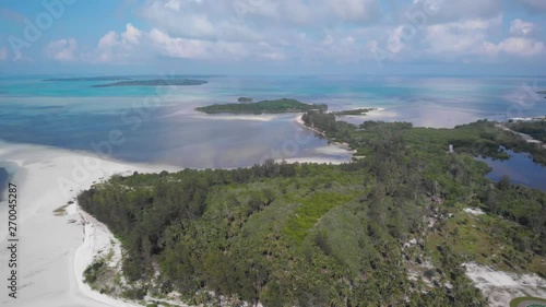 Tropical green island with white sandy beach in Balabac at Punta Sebaring, drone shot in Palawan, Philippines photo