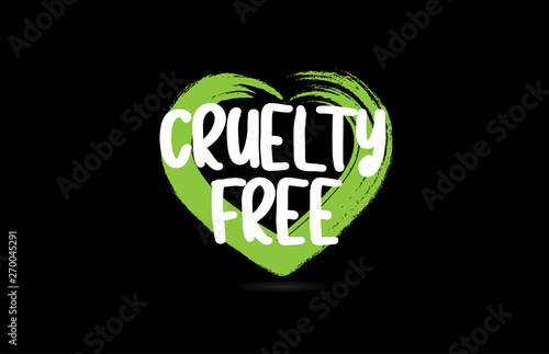 cruelty free text word with green love heart shape icon on black background