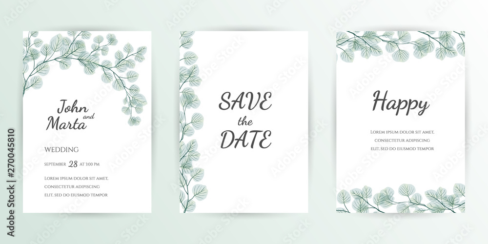 Wedding Invitation modern card Design: green tropical leaf greenery eucalyptus branches decorative wreath & frame. Vector watercolor rustic template. eps10.