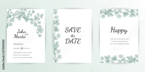 Wedding Invitation modern card Design  green tropical leaf greenery eucalyptus branches decorative wreath   frame. Vector watercolor rustic template. eps10.