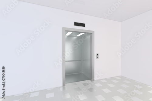 An empty modern elevator or lift with metal doors that are open. 3d rendering