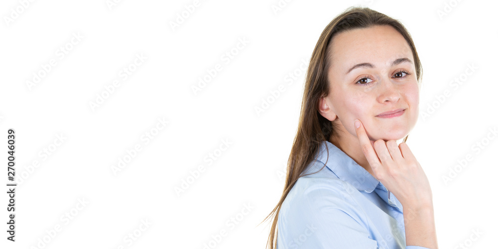 portrait of beautiful young woman hand on chin aside back copy space on white background in web banner template portrait of beautiful young woman hand on chin aside back copy space on white background in web banner template