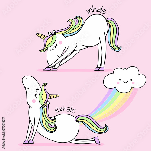 Exhale - Inhale - namaste fart rainbow funny vector quotes and unicorn drawing. Lettering poster or t-shirt textile graphic design. / Cute unicorn character illustration on isolated blue background.