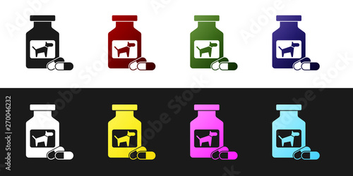 Set Dog medicine bottle and pills icon isolated on black and white background. Container with pills. Prescription medicine for animal. Vector Illustration