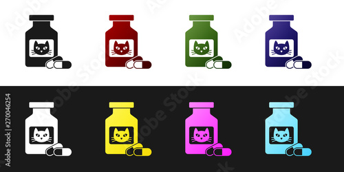 Set Cat medicine bottle and pills icon isolated on black and white background. Container with pills. Prescription medicine for animal. Vector Illustration