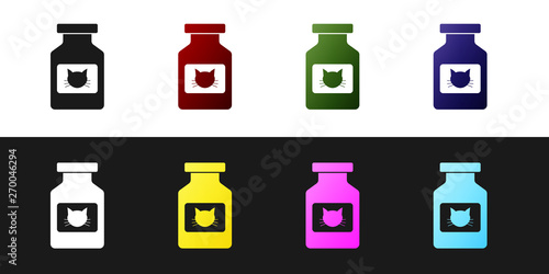Set Cat medicine bottle icon isolated on black and white background. Container with pills. Prescription medicine for animal. Vector Illustration