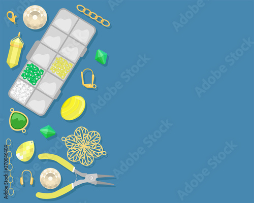 Background with tools and materials for handmade jewelry. Beads, accessories, rhinestones. Creation of handmade jewelry