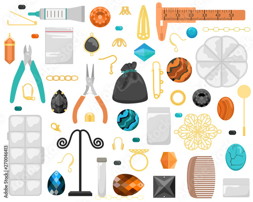Set of tools and materials for handmade jewelry. Beads, accessories, rhinestones. Creation of handmade jewelry.