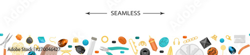 Seamless background with tools and materials for handmade jewelry. Beads, accessories, rhinestones. Creation of handmade jewelry.