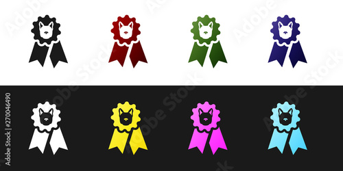 Set Dog award symbol icon isolated on black and white background. Medal with dog footprint as pets exhibition winner concept. Vector Illustration