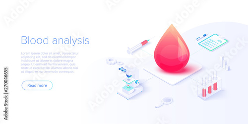 Blood test or analysis in isometric vector illustration. Healthcare concept for clinical laboratory examination. Medical diagnostics or reserarch with blood drop sample. Web banner layout template.