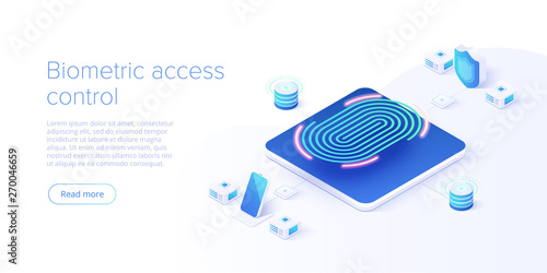 Biometric access control in isometric vector illustration. Fingerprint screening security system concept. Digital touch scan identification or electronic sensor authentication. Web banner  template.