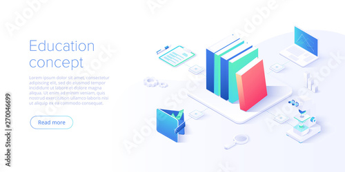 Online education concept vector illustration in isometric design. Internet distance training and courses on learning or educational platform. Website template.