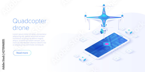 Quadcopter with smartphone remote control concept in isometric vector illustration. Flying camera drone or quadrotor helicopter videography background. Web banner layout template.