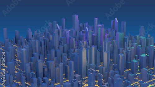 Downtown city skyscrapers. City with glow lines road and digital elements. 3D Rendering.