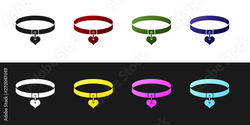 Set Collar with name tag and heart icon isolated on black and white background. Simple supplies for domestic animal. Cat and dog care. Pet chains. Vector Illustration