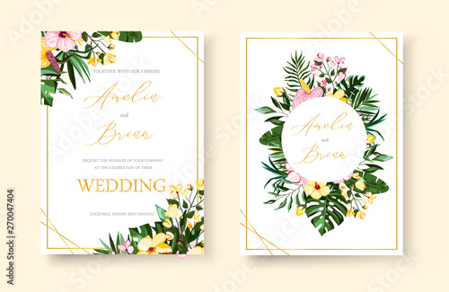 Wedding tropical exotic floral golden geometric frame invitation