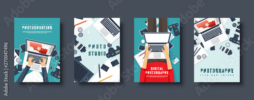 Flat style covers set. Photographer equipment on a table. Photography tools, photo editing.  Digital photocamera with lens. Vector illustration.