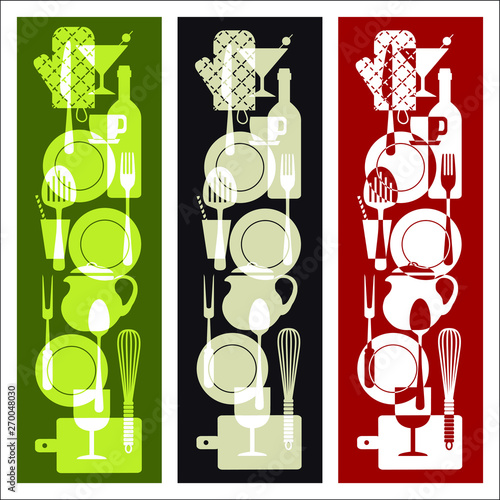 3 bannières hauteurs au motif d’objets de cuisine sur fond vert, noir et rouge.