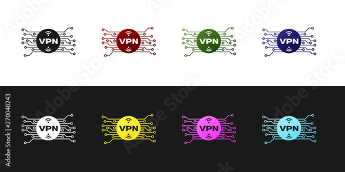 Set VPN in circle with microchip circuit icon isolated on black and white background. Vector Illustration