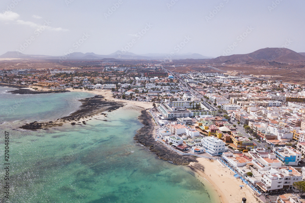 Corralejo aerial cityscape, port city in Fuerteventura, beautiful panoramic view of Canary islands, Spain