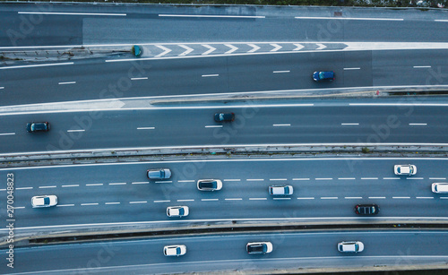transportation, big city road, aerial top down view of cars on busy highway motorway