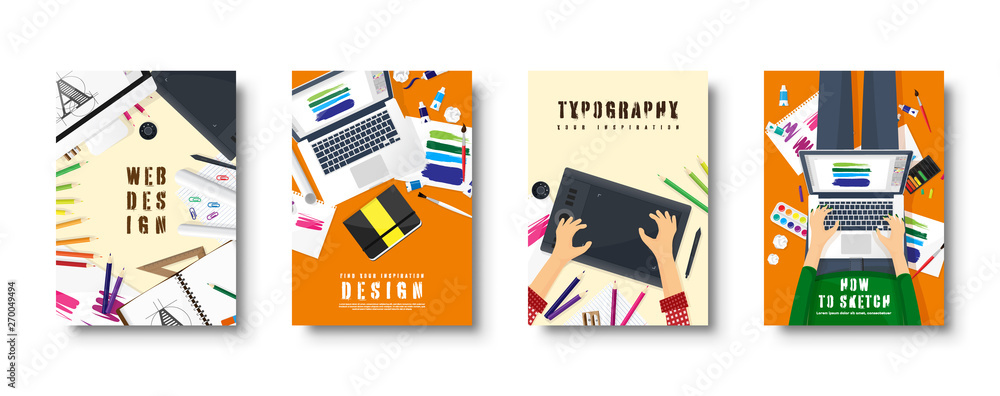 Graphic and web design. Flat style covers set. Designer workplace with tools. User interface design. UI. Digital drawing. Online tutorial. Vector illustration.