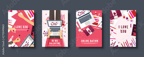 Flat covers set. Love and hearts. Valentines day. Be my valentine. 14 February. Vector illustration. Holiday card.