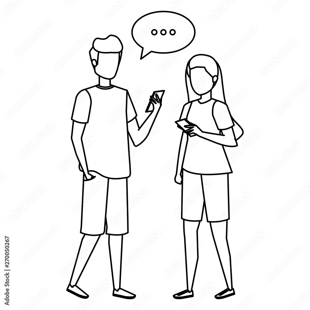 young couple using smartphone with speech bubble