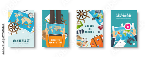 Travel and tourism flat style covers set. World, earth map navigation. Journey, summer time holidays. Travelling, exploring worldwide. Vector illustration.