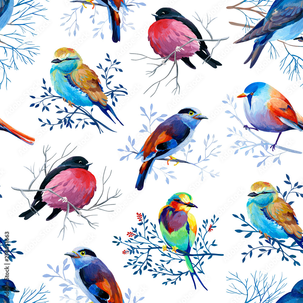 Obraz premium Gouahe seamless pattern with bright birds on branches