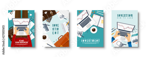 Flat style covers set. Market trade. Trading platform account. Moneymaking, business. Analysis and investing. Vector illustration.