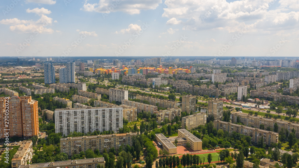 Urban bird's eye view of Rusanivka island. Outdoor cityscape with skyline. (Kyiv, Kiev) Ukraine.