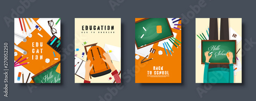Back to school flat covers set. Online education and study. Teacher, student.