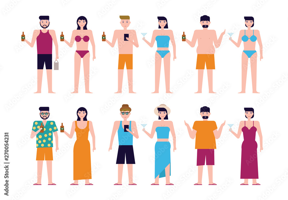 Summer beach white people on white background. flat character design vector illustration